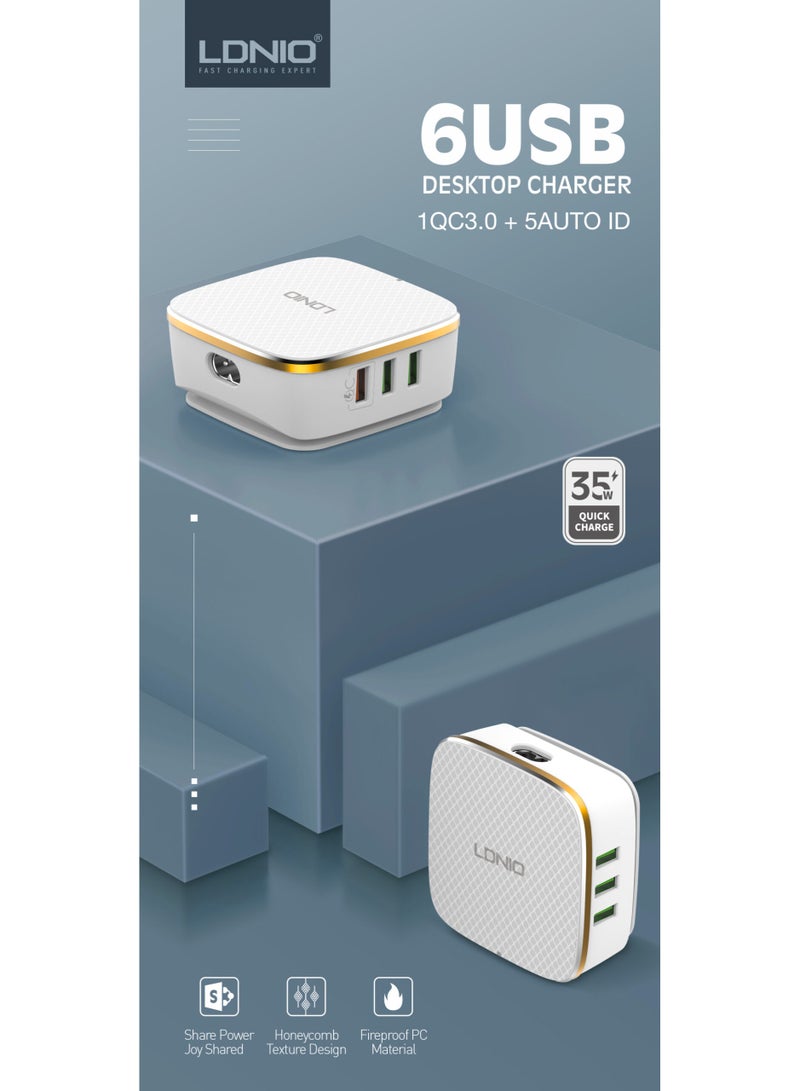 LDNIO A6704 Desktop Fast Charger 35W with 6 USB Ports, QC 3.0 & Smart Auto-ID Technology, Simultaneous Charging for 6 Devices, Stable Voltage Output, Fireproof Design, Ideal for Home & Office Use - Image 3